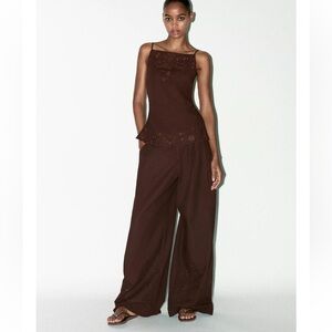 ZARA BROWN EMBROIDERED PANTS